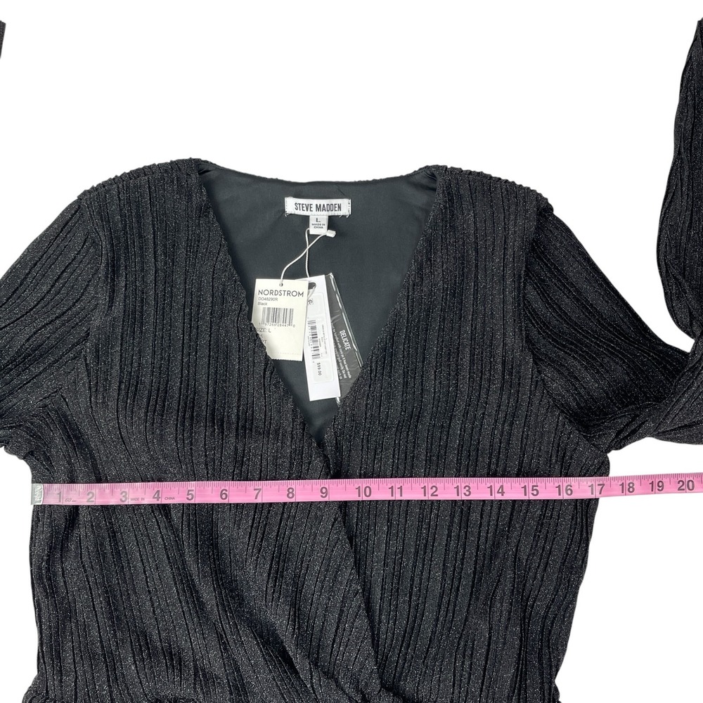 Steve Madden Metallic Crinkle Dress Large Black Shimmer Knot Front Long Sleeve - Picture 11 of 14